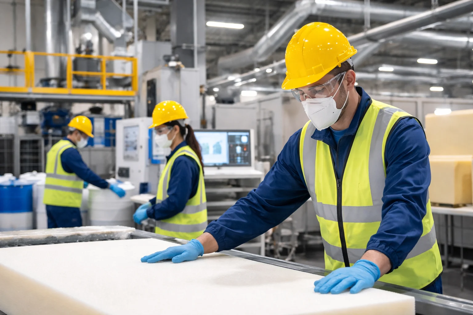 Workers in foam manufacturing factory